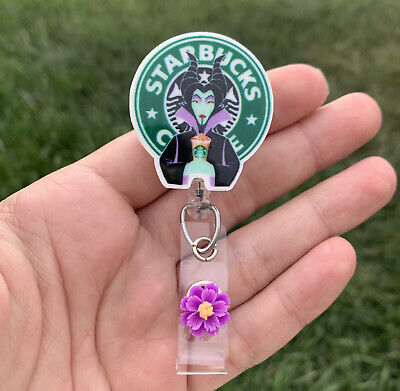 Disney Maleficent Starbucks  Badge Holder Reel ID Card Holder Lanyard Villain