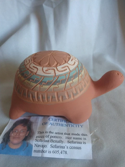 Sefarina Benally Hand Painted & Etched Navajo Pottery Turtle Signed
