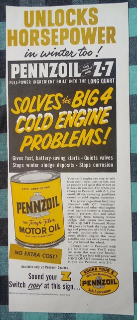 PENNZOIL MOTOR OIL AD FROM SATURDAY EVENING POST 1950's