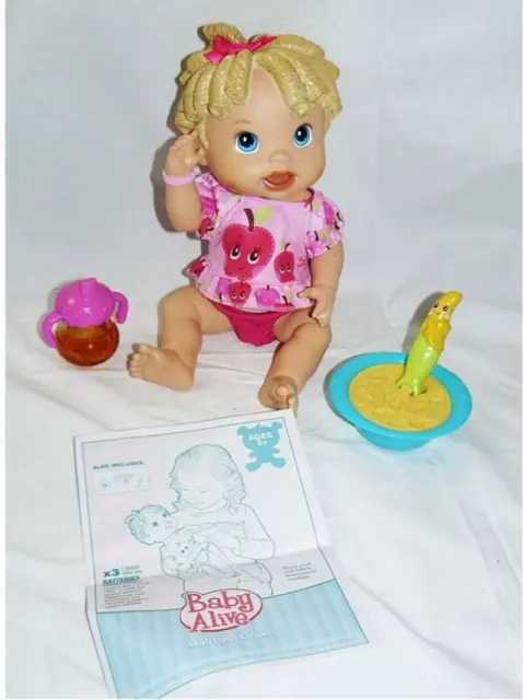 HASBRO Baby Alive All Gone Doll Blonde 2009, Talks Eats, Bowl Spoon Sippie Works