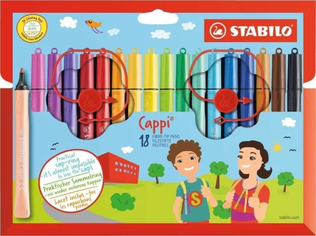 Pennarello con cordino porta cappuccio - STABILO Cappi - Astuccio da 18 - Colori