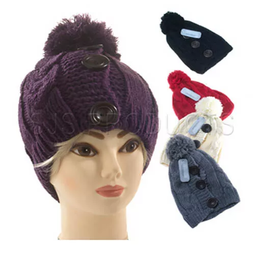 New Womens/Ladies Chunky Knitted Wool Bobble Hat With Buttons Thick Warm Winter