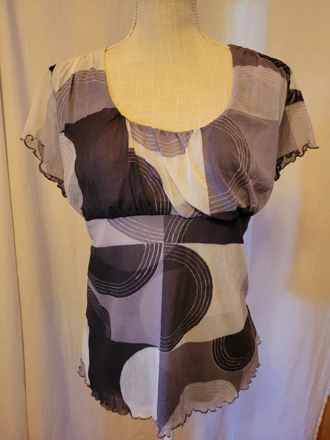 NEW Cha Cha Vente Top Size Large Black Gray Short Sleeves Blouse Empire Waist