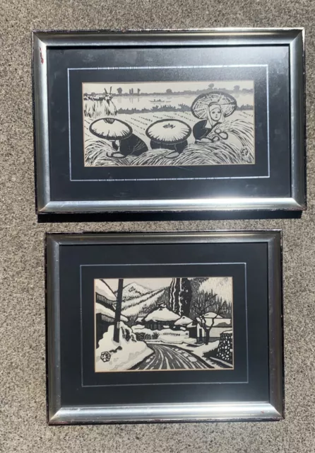 2 Japanese or Asian Woodblock Wood Cut Print winter scene + harvest