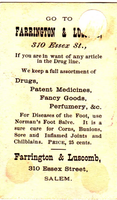 Farrington & Luscomb Pharmacists Salem MA Orange Flowers Vict Card c1880s 2