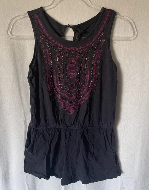 Forever 21 Romper Girls 9 10 Blue Sleeveless Purple Embroidered Gold Beaded