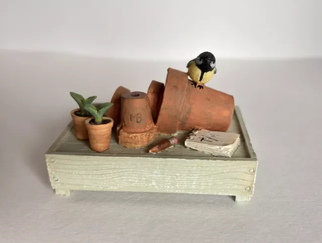 RARE Marjolein Bastin CHICKADEE ON POTS with TROWEL & PLANTS FIGURINE