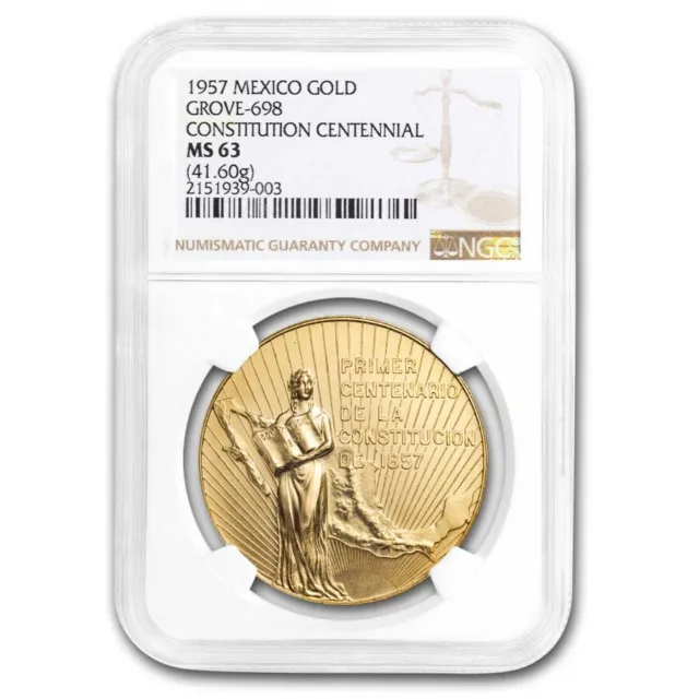 1957 Mexico Gold Medallic 50 Peso Constitution Cent. MS-63 NGC