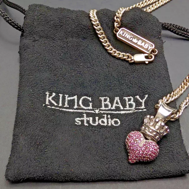 King Baby Studio Queen Pink Encrusted Heart Princess Crown 925 Pendant, Necklace