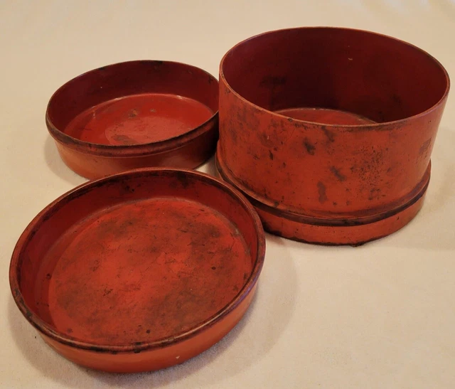 Antique Burmese Asian Deep Orange Lacquer Hand Painted 3 Piece Betel Nut Box 2