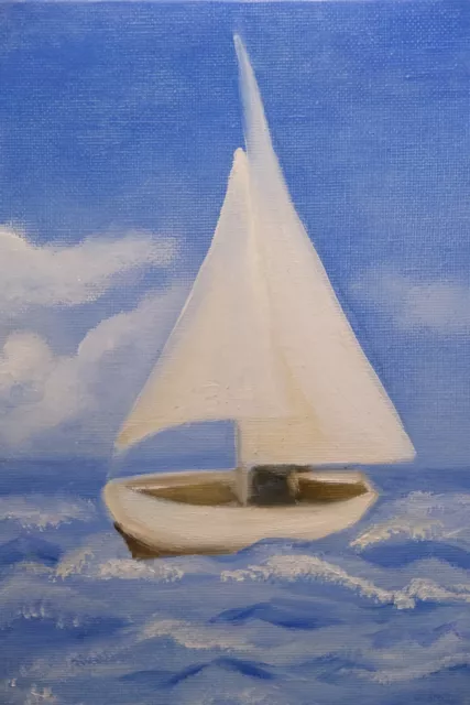 Original Oil Painting Yacht with White Sail Seascape Oil Painting 9x7inch 24x18c