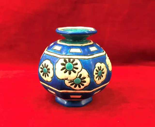 Ancien vase d'époque ART DECO émaux de LONGWY signé Décor floral bleu et blanc