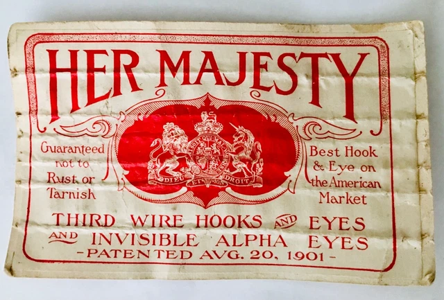 1901 Her Majesty Third Wire Hooks & Eyes Sewing Card Antique Notions Unused