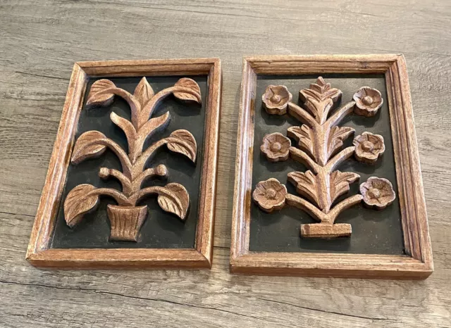 Set Of 2Carved Wood Floral Wall Décor Pictures Wall Art Brown Boho