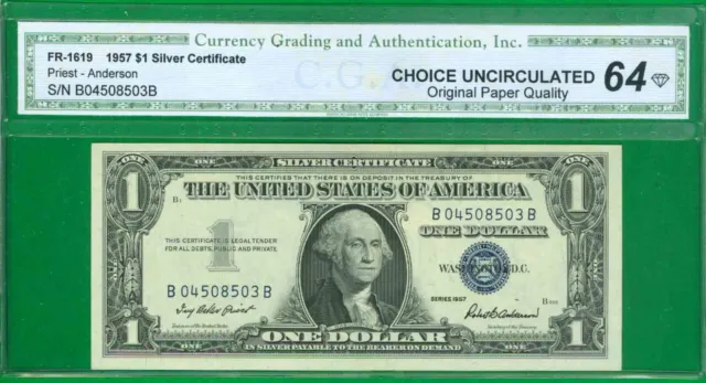 $1 1957 1 B/B Block Blue Seal Silver Certificate Choice Uncirculated 64