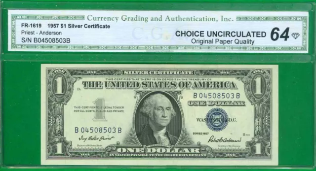 $1 1957 1 B/B Block Blue Seal Silver Certificate Choice Uncirculated 64