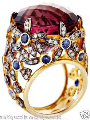 2.90ct Rose Cut Diamond Antique 925 Silver Sapphire Ruby Gemstone Cocktail Ring