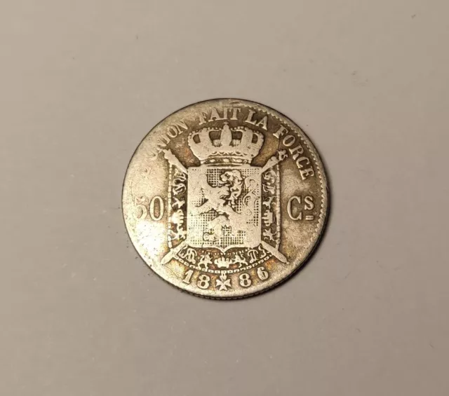 RARE Pièce Argent, 50 centimes - Léopold II 1886 Surfrappe 1861 BELGIQUE