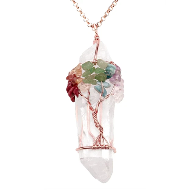 Natural Healing Crystal Quartz Chakra Tree of Life Stone Pendant Chain Necklace