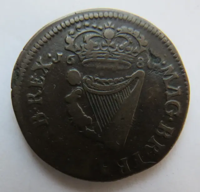 1680 King Charles II Ireland Halfpenny Coin 3