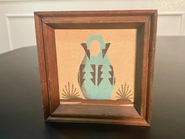 Vintage Native American Sand Painting Wedding Vase Signed Wood Framed