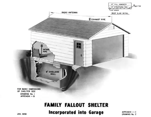 1958 Garage Family Fallout Shelter Plans Vintage Art Print 8.5" x 11" Reprint