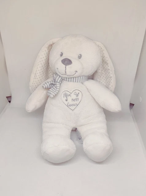 Doudou peluche lapin blanc mon petit coeur écharpe rayée gris Pommette