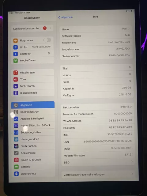 Apple iPad Pro 1. Gen 256GB, Wi-Fi + 4G (O2), 10,5 Zoll - Space Grau