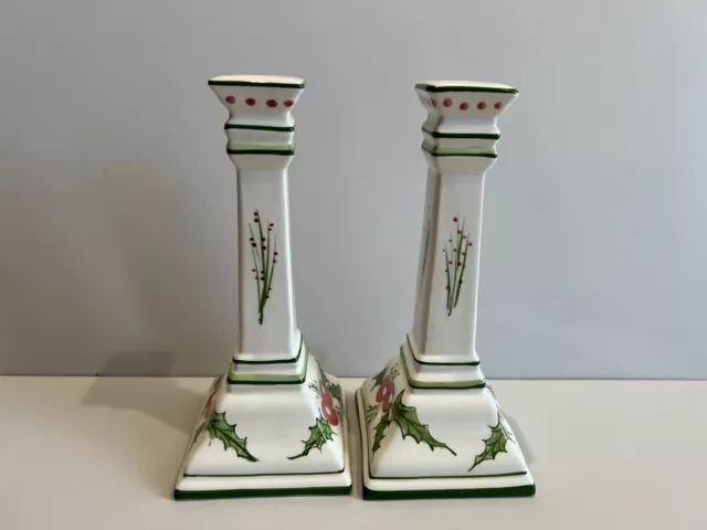 Pair of RCCL Pottery Hand Painted White Candlesticks Floral, Made in Portugal 2