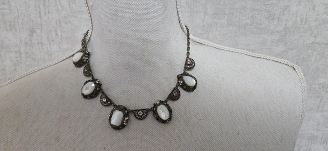 Collier Vintage Henry Perrichon - Talosel Rose Et Noir - Strass - France - Longueur 56-60 Cm