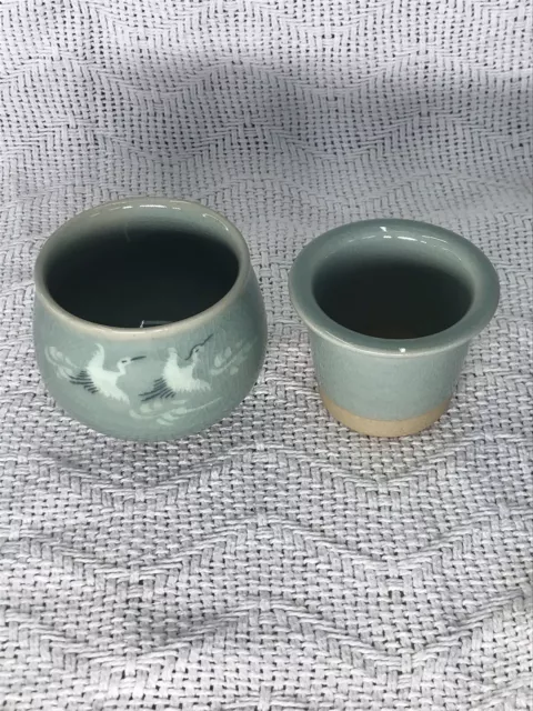 Vintage Korean Celadon Crackle Glaze Flying Crane Tea Cup w/Infuser