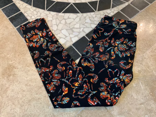 LuLaroe Leggings OS New Black Paisley Scroll Floral RARE Orange Turquoise Blue