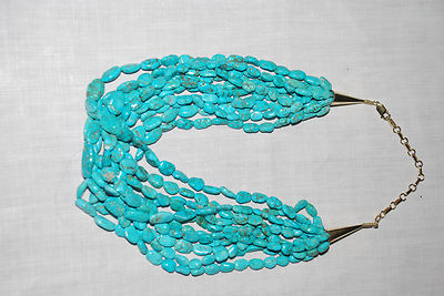 TURQUOISE GEMSTONE NUGGET in silver 4 strand charm necklace