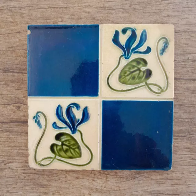 Original vintage England art nouveau Victorian majolica floral tile gorgeous