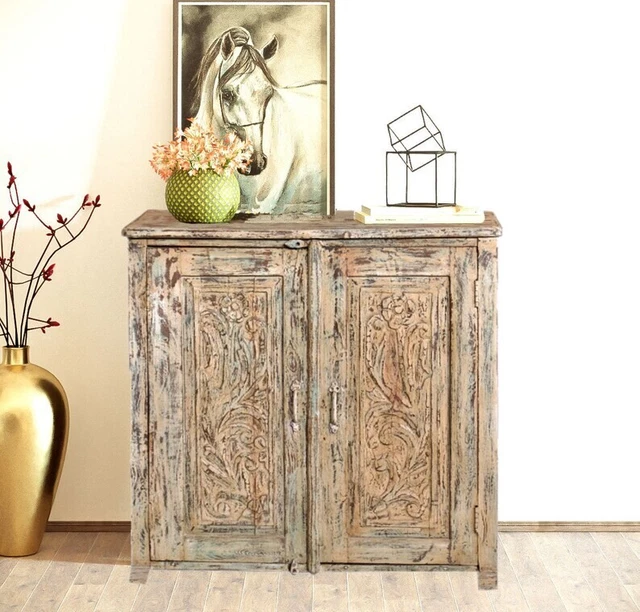 Antique Indian Carved Sideboard, Vintage Rustic Peach Hues Chest, Credenza
