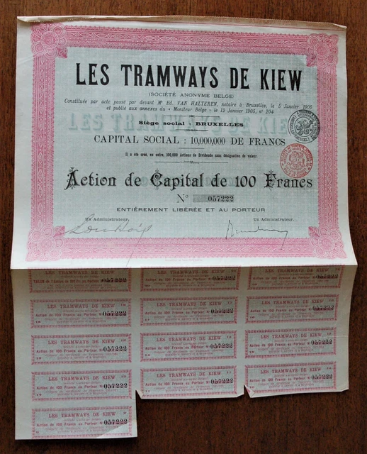Stock certificate for 100 francs 1905: Tramways de Kiew + coupons (A3) Stock certificate for 100 francs 1905: Tramways de Kiew + coupons (A3)