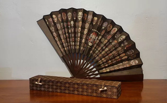 Vintage Chinese 100 Opera Masks Bamboo Hand Fan In Case
