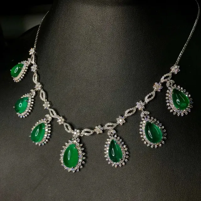 HUGE SET 40.11TCW Zambian Emerald & Diamond 14K White Gold Over Pendant Necklace