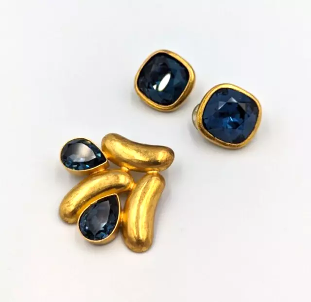 Set Of Vintage Sterling Silver Vermeil 925 Clip On Earrings & Brooch Blue Glass