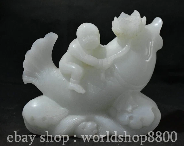 8" Chinese Natural White Jade Carving Tong Zi Boy Fish Statue Sculpture