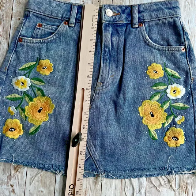 Topshop Skirt Womens Moto Denim Mini 6 Yellow Embroidered Floral Cut Out 2