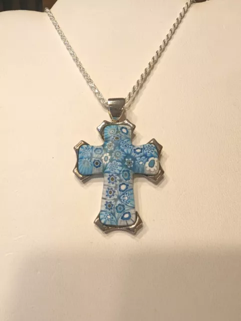 Alan K Sterling Silver Millefiori Murano Glass Cross Pendant & Necklace