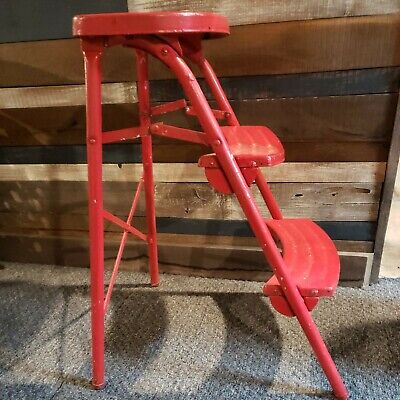 VINTAGE METAL 2 STEP FOLDING STEP STOOL LADDER Rustic Red paint **see pic for br 4