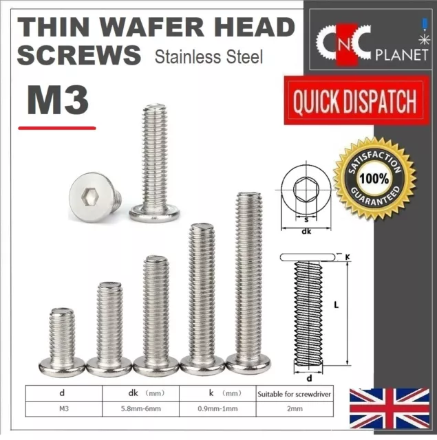 M3 Ultra Thin Wafer Flat Head Low profile Screws Bolt Allen Key Stainless Steel