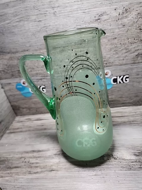 Vintage Green Glass Frosted w/Gold Atomic Design Glass Pitcher Mid Century Moder