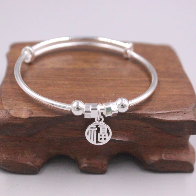 Pure Silver Bangle For Women Polish Surface 6mm Width Fu Plater Charm Braceles