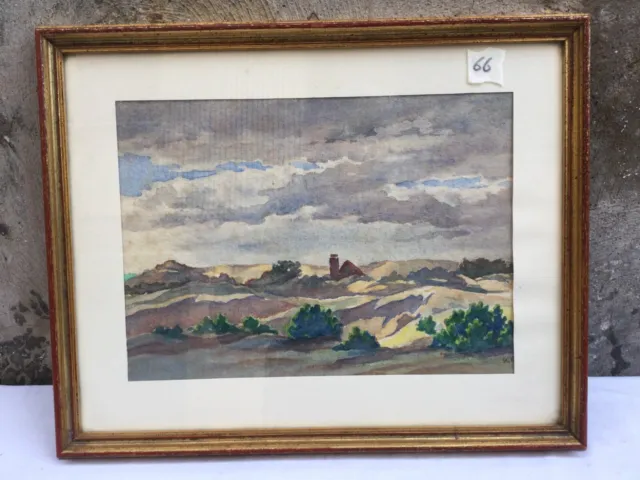 Acquerello Quadro Paesaggio Colline Nuvole Firmato Stohly 1946 Dipinto Originale