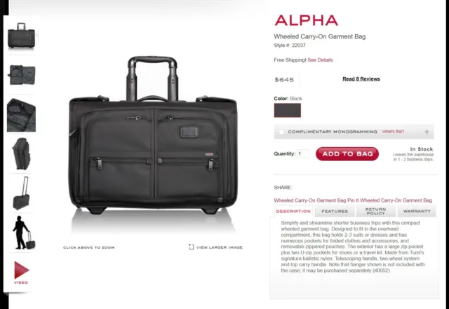Tumi Alpha 2 Wheels Rolling 22" Garment Bag/Suitcase-Black Ballistic $645