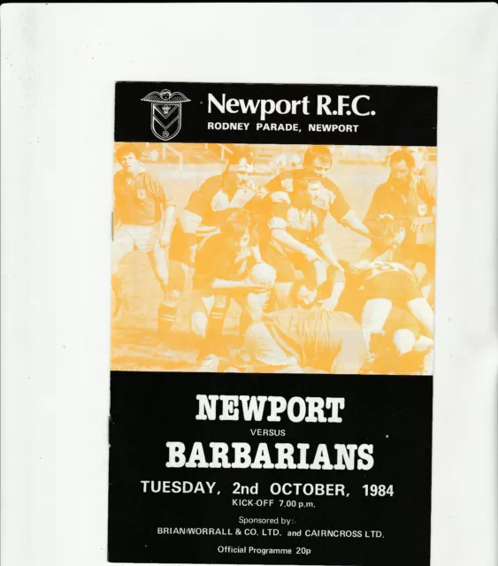 NEWPORT v BARBARIANS Rugby Union Programme 2 October 1984