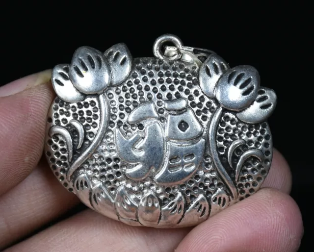 4.5CM Rare Old Chinese Miao Silver Lotus Flower Blessing Lucky Pendant